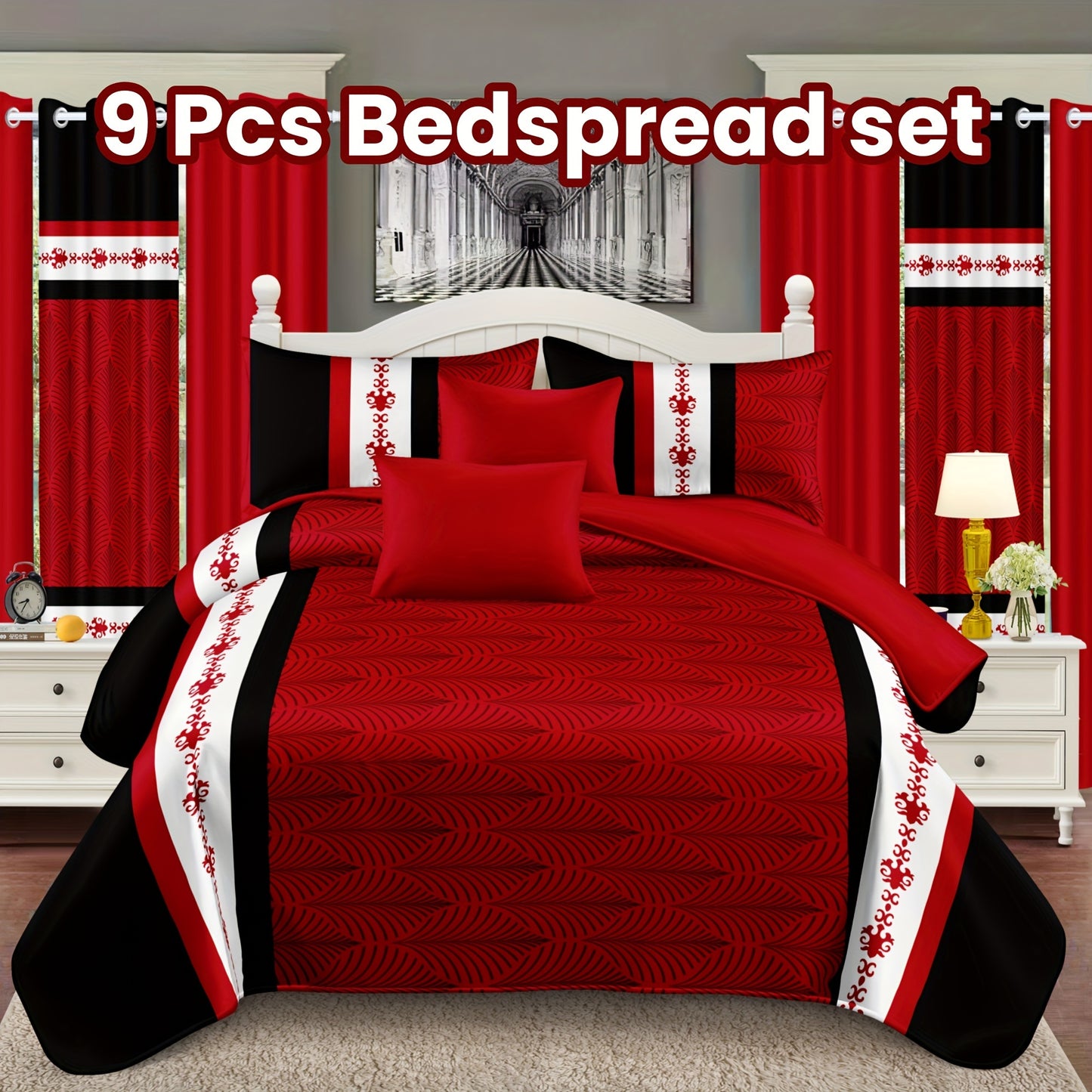 9 Piece Bedspread Set-Red And Black