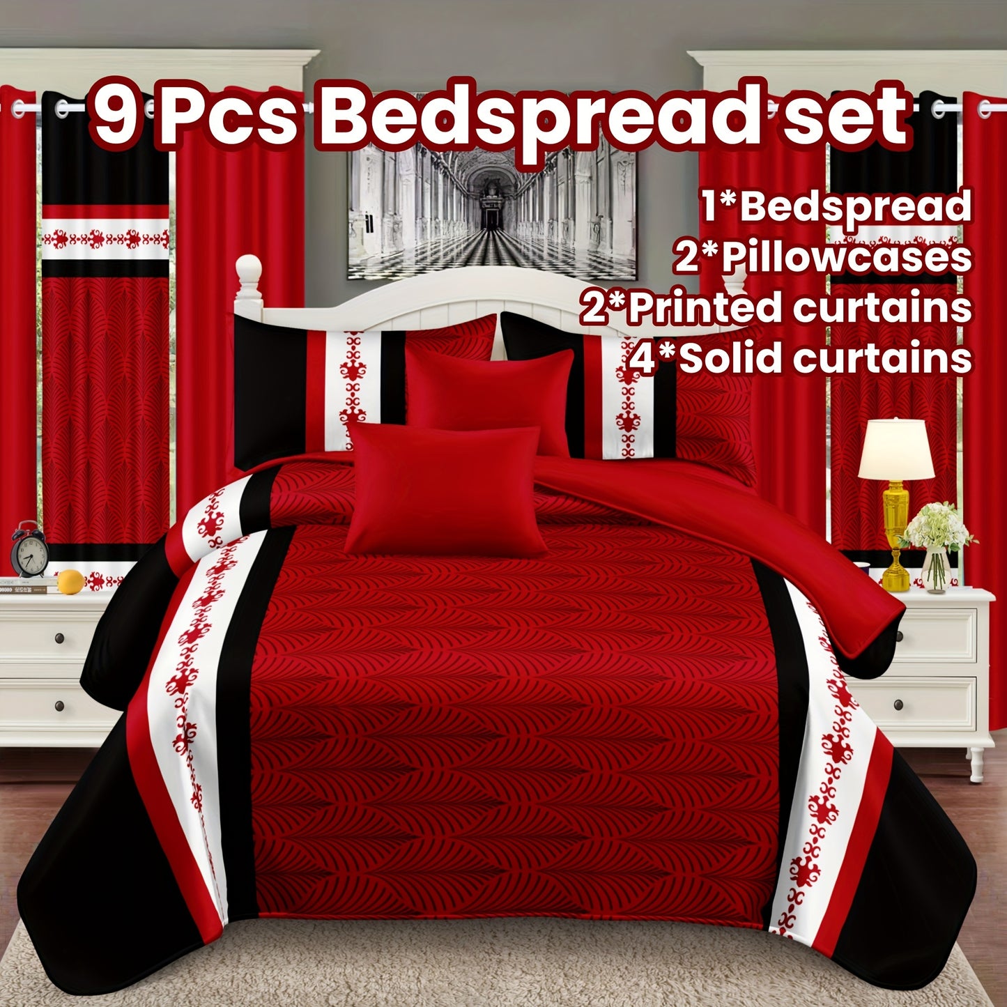 9 Piece Bedspread Set-Red And Black