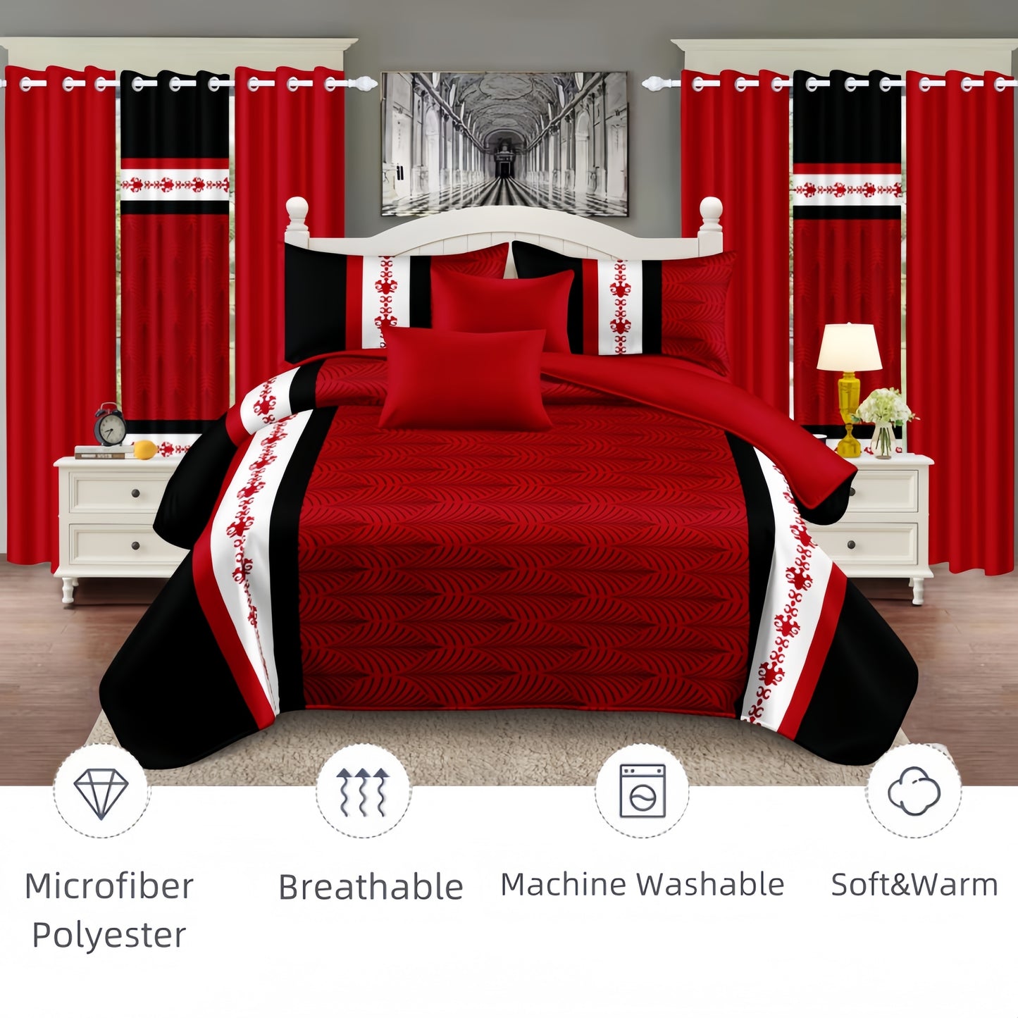 9 Piece Bedspread Set-Red And Black